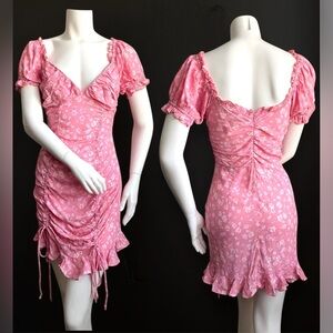 Sky to Moon Pink White Ditsy Floral Mini Cinched Dress Bodycon Retro Coquette M
